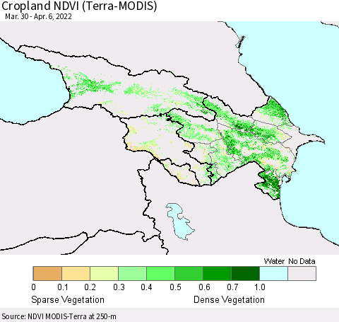 Azerbaijan, Armenia and Georgia Cropland NDVI (Terra-MODIS) Thematic Map For 3/30/2022 - 4/6/2022