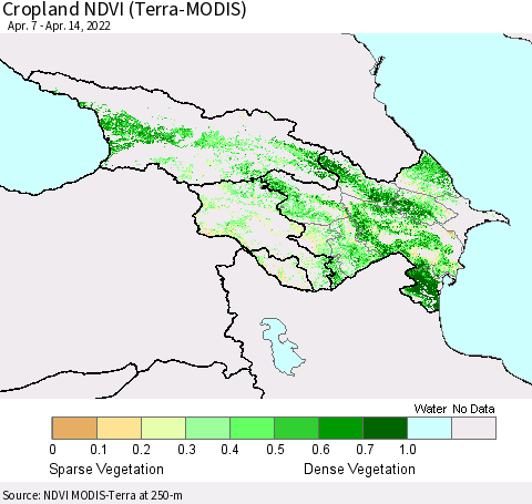 Azerbaijan, Armenia and Georgia Cropland NDVI (Terra-MODIS) Thematic Map For 4/7/2022 - 4/14/2022