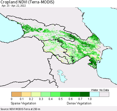Azerbaijan, Armenia and Georgia Cropland NDVI (Terra-MODIS) Thematic Map For 4/15/2022 - 4/22/2022