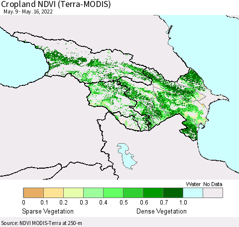 Azerbaijan, Armenia and Georgia Cropland NDVI (Terra-MODIS) Thematic Map For 5/9/2022 - 5/16/2022