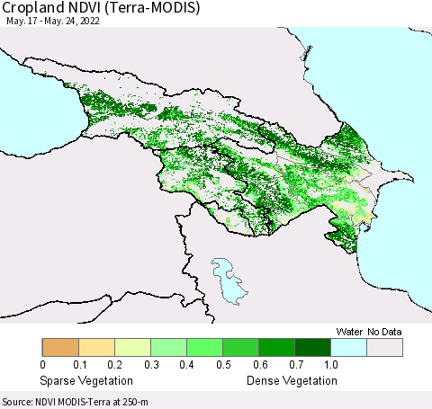 Azerbaijan, Armenia and Georgia Cropland NDVI (Terra-MODIS) Thematic Map For 5/17/2022 - 5/24/2022