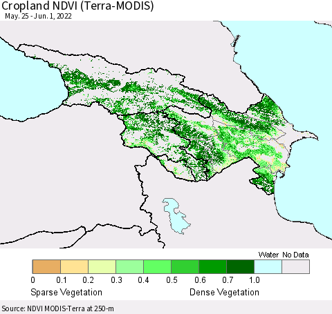 Azerbaijan, Armenia and Georgia Cropland NDVI (Terra-MODIS) Thematic Map For 5/25/2022 - 6/1/2022