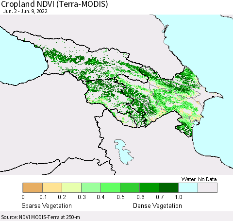 Azerbaijan, Armenia and Georgia Cropland NDVI (Terra-MODIS) Thematic Map For 6/2/2022 - 6/9/2022