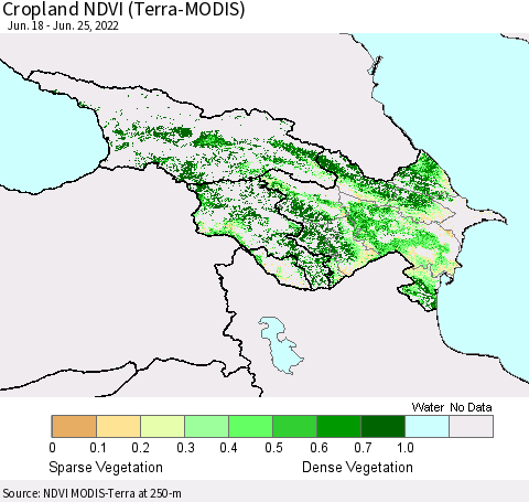 Azerbaijan, Armenia and Georgia Cropland NDVI (Terra-MODIS) Thematic Map For 6/18/2022 - 6/25/2022
