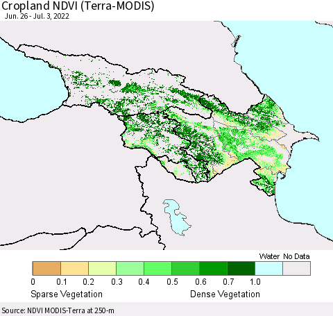 Azerbaijan, Armenia and Georgia Cropland NDVI (Terra-MODIS) Thematic Map For 6/26/2022 - 7/3/2022
