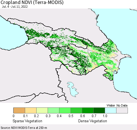 Azerbaijan, Armenia and Georgia Cropland NDVI (Terra-MODIS) Thematic Map For 7/4/2022 - 7/11/2022