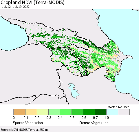 Azerbaijan, Armenia and Georgia Cropland NDVI (Terra-MODIS) Thematic Map For 7/12/2022 - 7/19/2022