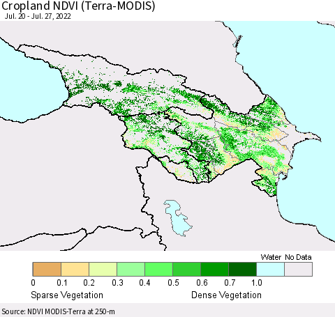 Azerbaijan, Armenia and Georgia Cropland NDVI (Terra-MODIS) Thematic Map For 7/20/2022 - 7/27/2022