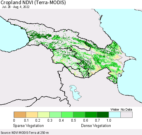 Azerbaijan, Armenia and Georgia Cropland NDVI (Terra-MODIS) Thematic Map For 7/28/2022 - 8/4/2022