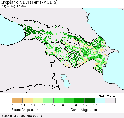 Azerbaijan, Armenia and Georgia Cropland NDVI (Terra-MODIS) Thematic Map For 8/5/2022 - 8/12/2022