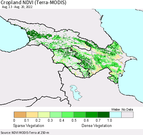 Azerbaijan, Armenia and Georgia Cropland NDVI (Terra-MODIS) Thematic Map For 8/13/2022 - 8/20/2022