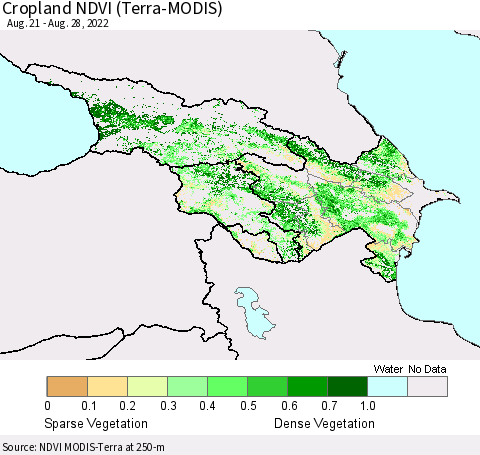 Azerbaijan, Armenia and Georgia Cropland NDVI (Terra-MODIS) Thematic Map For 8/21/2022 - 8/28/2022
