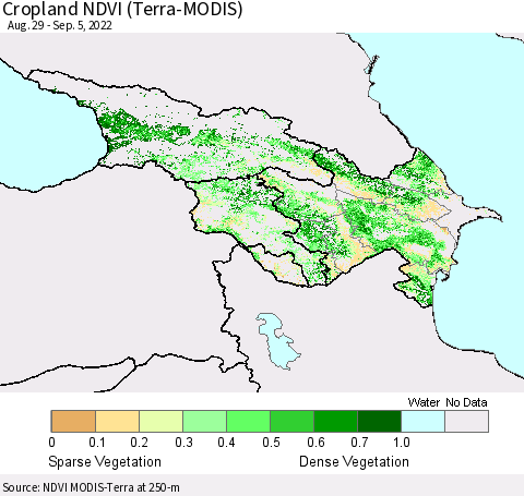 Azerbaijan, Armenia and Georgia Cropland NDVI (Terra-MODIS) Thematic Map For 8/29/2022 - 9/5/2022