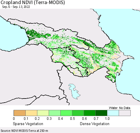 Azerbaijan, Armenia and Georgia Cropland NDVI (Terra-MODIS) Thematic Map For 9/6/2022 - 9/13/2022