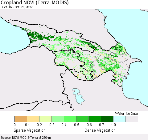 Azerbaijan, Armenia and Georgia Cropland NDVI (Terra-MODIS) Thematic Map For 10/16/2022 - 10/23/2022