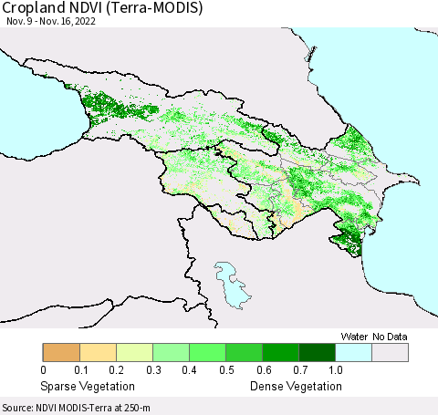 Azerbaijan, Armenia and Georgia Cropland NDVI (Terra-MODIS) Thematic Map For 11/9/2022 - 11/16/2022