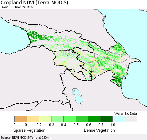 Azerbaijan, Armenia and Georgia Cropland NDVI (Terra-MODIS) Thematic Map For 11/17/2022 - 11/24/2022