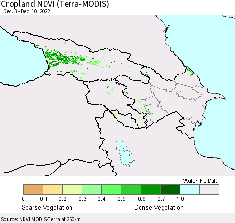 Azerbaijan, Armenia and Georgia Cropland NDVI (Terra-MODIS) Thematic Map For 12/3/2022 - 12/10/2022