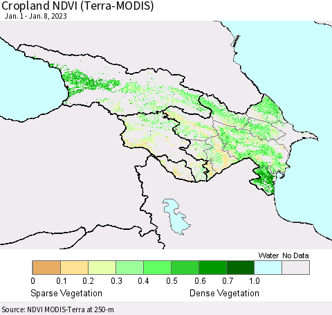 Azerbaijan, Armenia and Georgia Cropland NDVI (Terra-MODIS) Thematic Map For 1/1/2023 - 1/8/2023