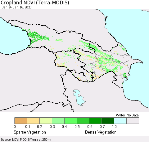 Azerbaijan, Armenia and Georgia Cropland NDVI (Terra-MODIS) Thematic Map For 1/9/2023 - 1/16/2023