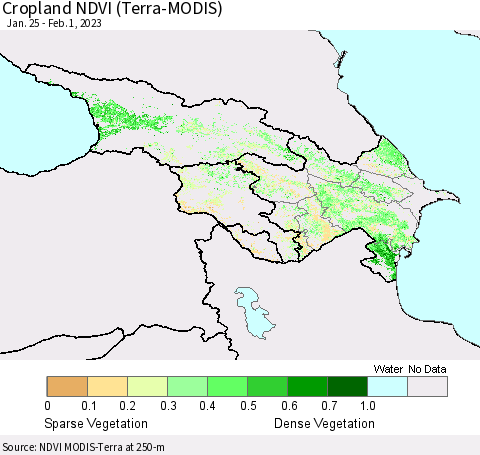 Azerbaijan, Armenia and Georgia Cropland NDVI (Terra-MODIS) Thematic Map For 1/25/2023 - 2/1/2023