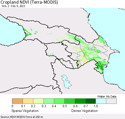 Azerbaijan, Armenia and Georgia Cropland NDVI (Terra-MODIS) Thematic Map For 2/2/2023 - 2/9/2023