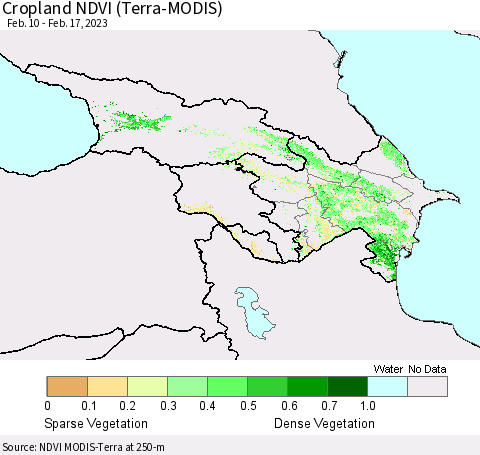 Azerbaijan, Armenia and Georgia Cropland NDVI (Terra-MODIS) Thematic Map For 2/10/2023 - 2/17/2023