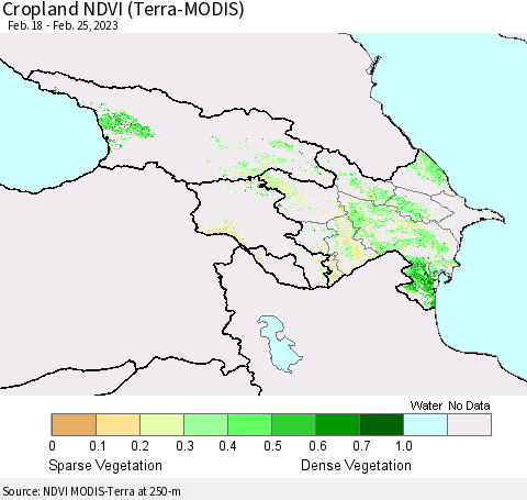 Azerbaijan, Armenia and Georgia Cropland NDVI (Terra-MODIS) Thematic Map For 2/18/2023 - 2/25/2023