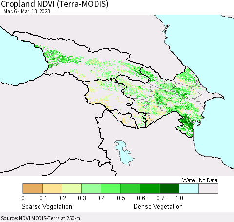 Azerbaijan, Armenia and Georgia Cropland NDVI (Terra-MODIS) Thematic Map For 3/6/2023 - 3/13/2023
