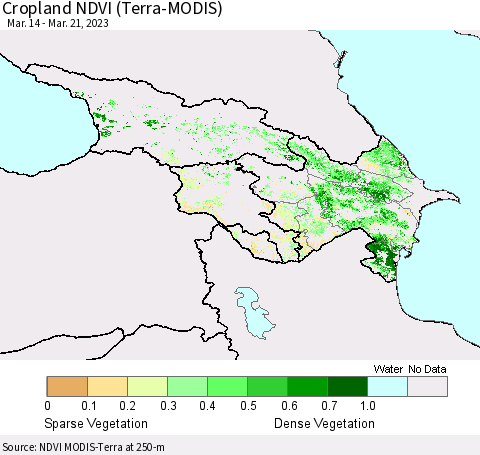 Azerbaijan, Armenia and Georgia Cropland NDVI (Terra-MODIS) Thematic Map For 3/14/2023 - 3/21/2023