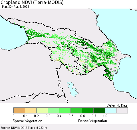 Azerbaijan, Armenia and Georgia Cropland NDVI (Terra-MODIS) Thematic Map For 3/30/2023 - 4/6/2023