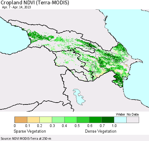 Azerbaijan, Armenia and Georgia Cropland NDVI (Terra-MODIS) Thematic Map For 4/7/2023 - 4/14/2023
