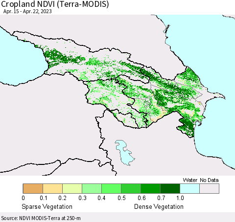 Azerbaijan, Armenia and Georgia Cropland NDVI (Terra-MODIS) Thematic Map For 4/15/2023 - 4/22/2023