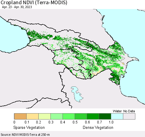 Azerbaijan, Armenia and Georgia Cropland NDVI (Terra-MODIS) Thematic Map For 4/23/2023 - 4/30/2023