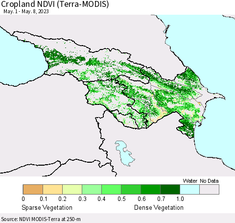 Azerbaijan, Armenia and Georgia Cropland NDVI (Terra-MODIS) Thematic Map For 5/1/2023 - 5/8/2023