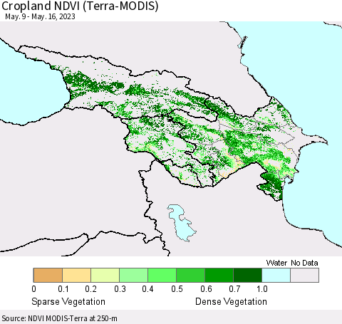 Azerbaijan, Armenia and Georgia Cropland NDVI (Terra-MODIS) Thematic Map For 5/9/2023 - 5/16/2023