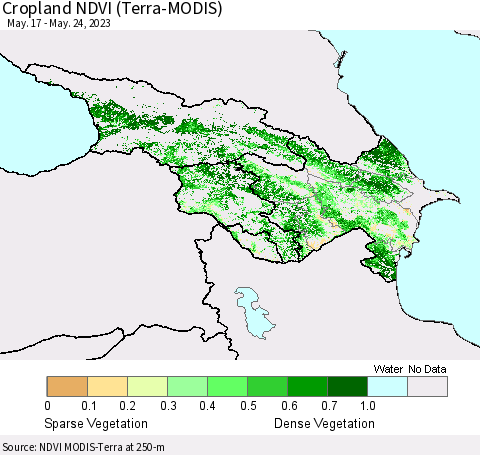 Azerbaijan, Armenia and Georgia Cropland NDVI (Terra-MODIS) Thematic Map For 5/17/2023 - 5/24/2023