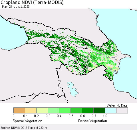 Azerbaijan, Armenia and Georgia Cropland NDVI (Terra-MODIS) Thematic Map For 5/25/2023 - 6/1/2023