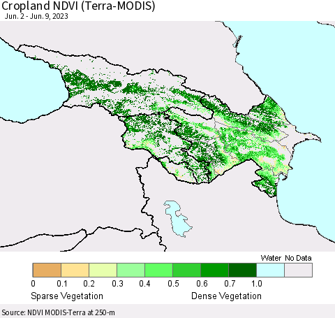 Azerbaijan, Armenia and Georgia Cropland NDVI (Terra-MODIS) Thematic Map For 6/2/2023 - 6/9/2023