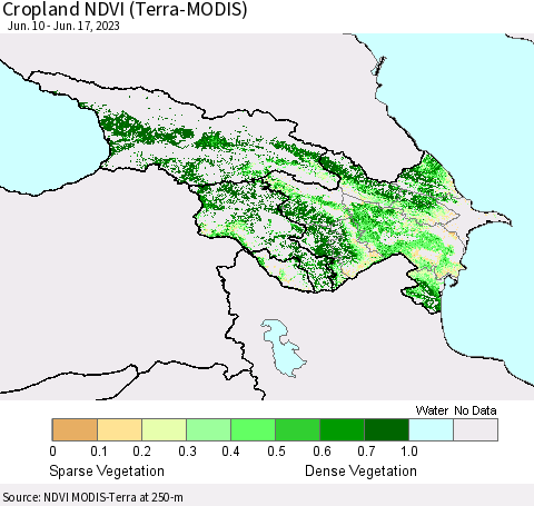 Azerbaijan, Armenia and Georgia Cropland NDVI (Terra-MODIS) Thematic Map For 6/10/2023 - 6/17/2023