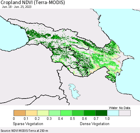 Azerbaijan, Armenia and Georgia Cropland NDVI (Terra-MODIS) Thematic Map For 6/18/2023 - 6/25/2023