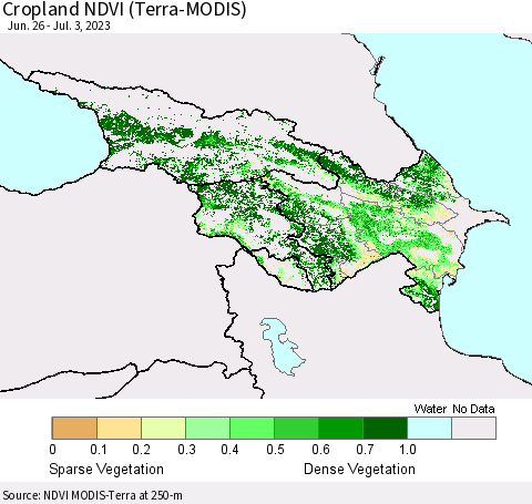 Azerbaijan, Armenia and Georgia Cropland NDVI (Terra-MODIS) Thematic Map For 6/26/2023 - 7/3/2023