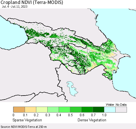 Azerbaijan, Armenia and Georgia Cropland NDVI (Terra-MODIS) Thematic Map For 7/4/2023 - 7/11/2023