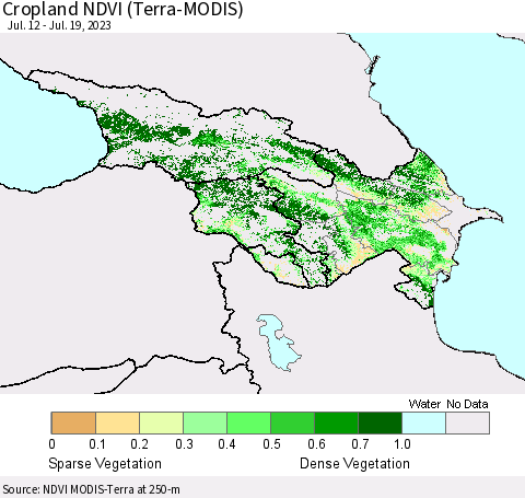 Azerbaijan, Armenia and Georgia Cropland NDVI (Terra-MODIS) Thematic Map For 7/12/2023 - 7/19/2023