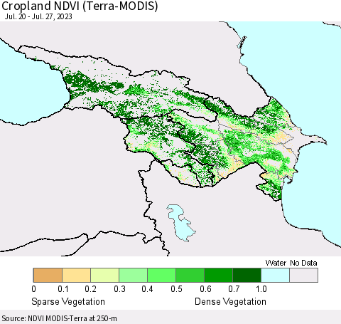 Azerbaijan, Armenia and Georgia Cropland NDVI (Terra-MODIS) Thematic Map For 7/20/2023 - 7/27/2023