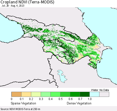 Azerbaijan, Armenia and Georgia Cropland NDVI (Terra-MODIS) Thematic Map For 7/28/2023 - 8/4/2023