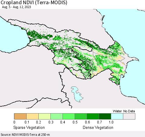 Azerbaijan, Armenia and Georgia Cropland NDVI (Terra-MODIS) Thematic Map For 8/5/2023 - 8/12/2023