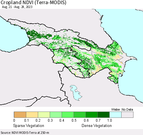 Azerbaijan, Armenia and Georgia Cropland NDVI (Terra-MODIS) Thematic Map For 8/21/2023 - 8/28/2023