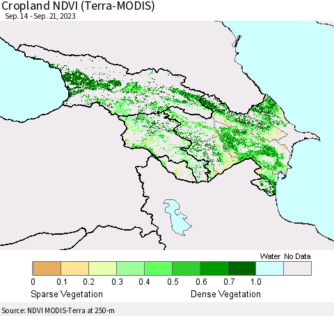 Azerbaijan, Armenia and Georgia Cropland NDVI (Terra-MODIS) Thematic Map For 9/14/2023 - 9/21/2023