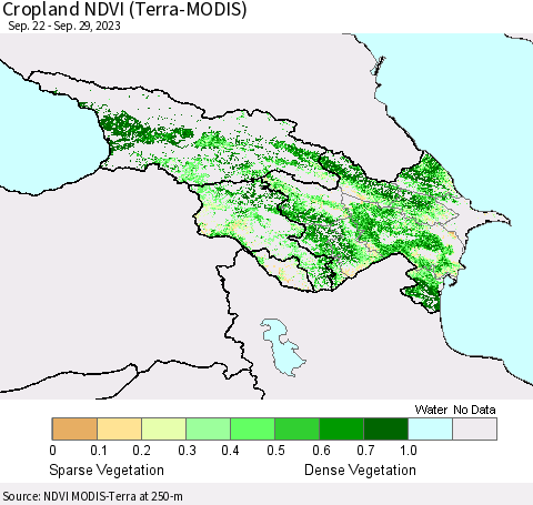 Azerbaijan, Armenia and Georgia Cropland NDVI (Terra-MODIS) Thematic Map For 9/22/2023 - 9/29/2023
